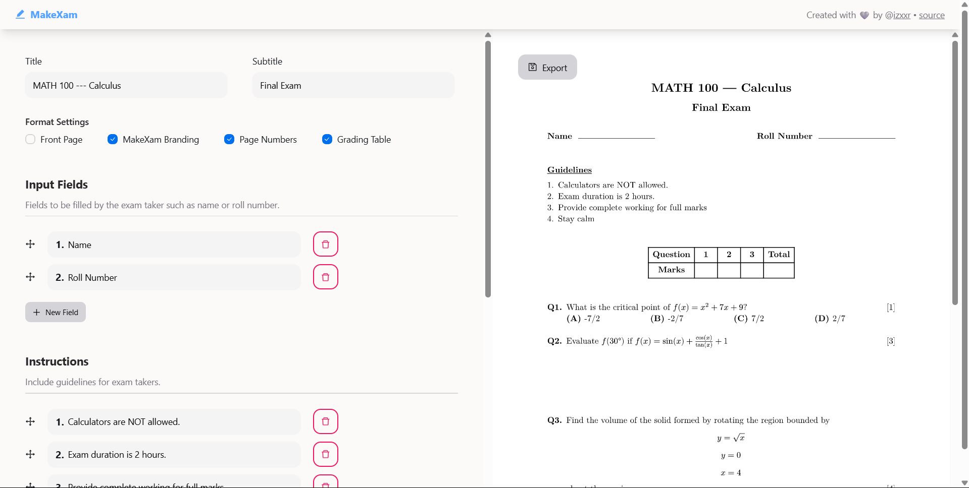 MakeXam, a simple exam generator